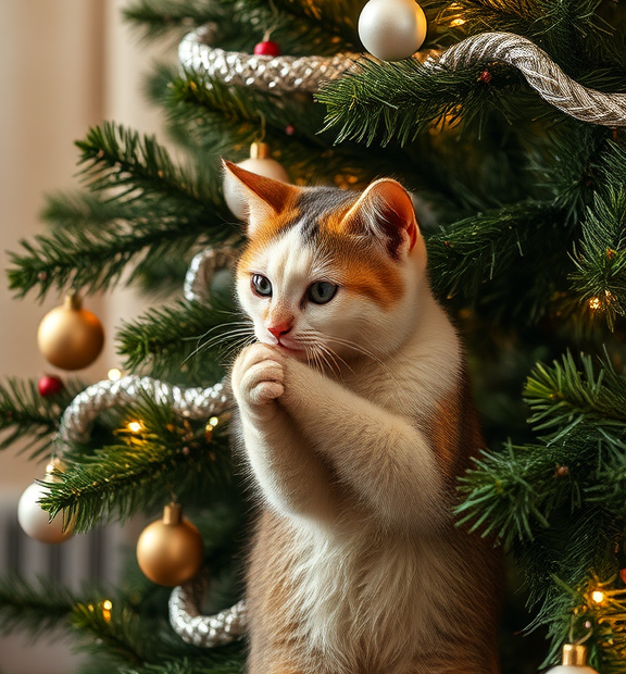 cat scratching christmas tree