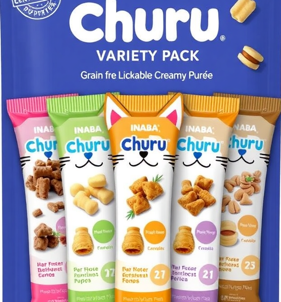 INABA Churu Cat Treats, 20 Tubes 5-Flavor Variety Pack – Grain-Free Lickable Creamy Purée