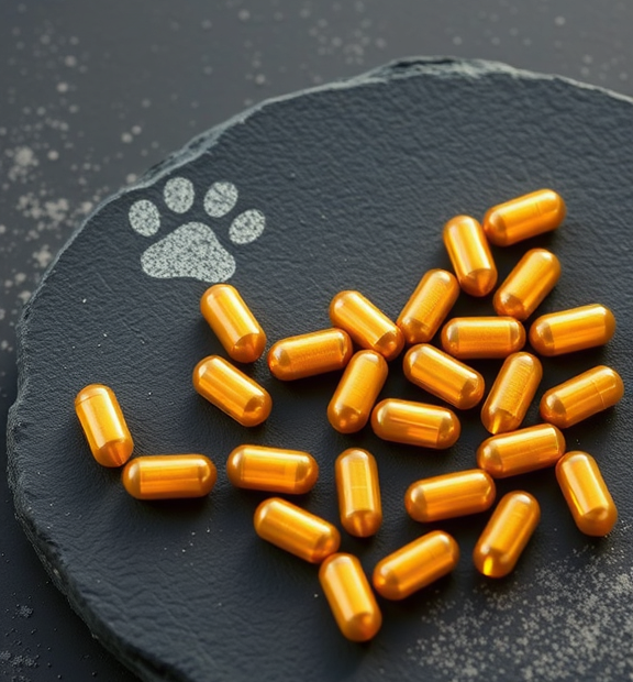Nutramax Cosequin 80 Sprinkle Capsules for Cats – 80 Capsules on Slate Plate with Paw Print