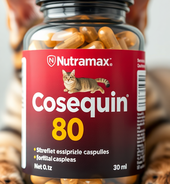 Nutramax Cosequin 80 Sprinkle Capsules for Cats – Glass Jar of Capsules Beside Cute Cat Ears