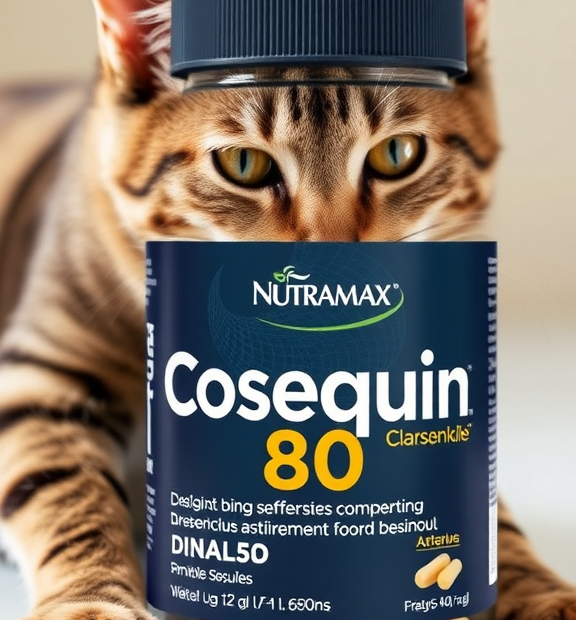 Nutramax Cosequin 80 Sprinkle Capsules for Cats – Glass Jar of Capsules with Stretching Tabby