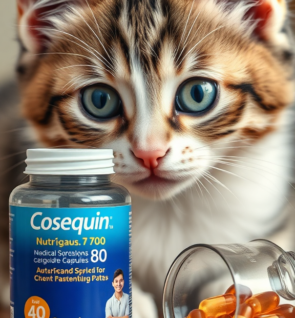 Nutramax Cosequin 80 Sprinkle Capsules for Cats – Scoop of Capsules Next to Curious Kitten