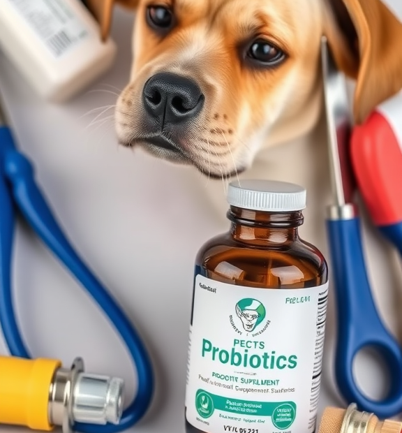 Probiotics for Dogs & Cats – Vet Created Cat & Dog Probiotic Supplement Flatlay with Vet Tools