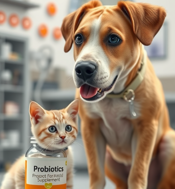 Probiotics for Dogs & Cats – Vet Created Cat & Dog Probiotic Supplement in Veterinary Clinic Scene
