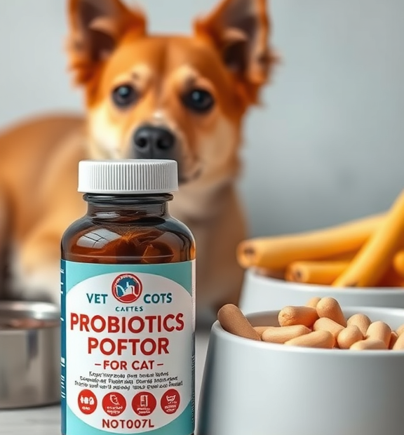 Probiotics for Dogs & Cats – Vet Created Cat & Dog Probiotic Supplement Next to Pet Bowls