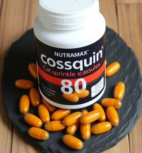 Nutramax Cosequin 80 Sprinkle Capsules for Cats – 80 Capsules on Slate Plate with Paw Print