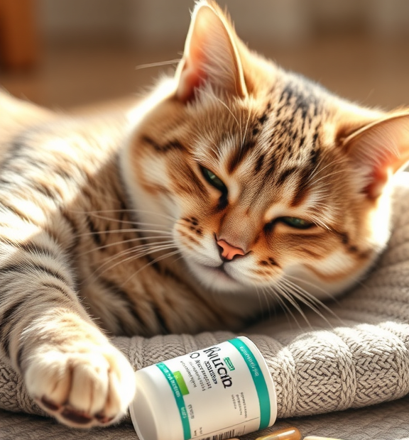 Nutramax Cosequin 80 Sprinkle Capsules for Cats – Capsules on Cat Nap Mat with Soft Sunlight