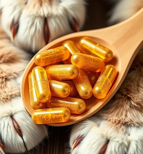Nutramax Cosequin 80 Sprinkle Capsules for Cats – Chicken Capsules on Wooden Spoon & Cat Paws