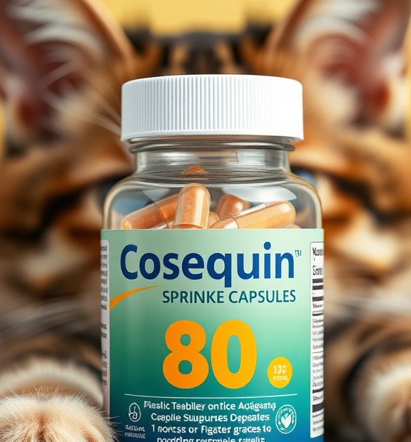 Nutramax Cosequin 80 Sprinkle Capsules for Cats – Glass Jar of Capsules Beside Cute Cat Ears