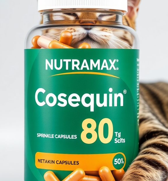 Nutramax Cosequin 80 Sprinkle Capsules for Cats – Glass Jar of Capsules with Stretching Tabby