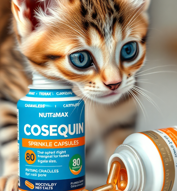 Nutramax Cosequin 80 Sprinkle Capsules for Cats – Scoop of Capsules Next to Curious Kitten