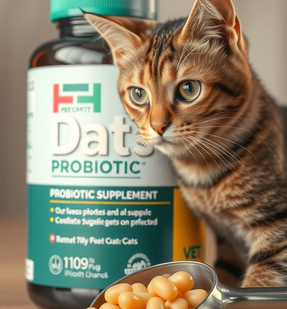 Probiotics for Dogs & Cats – Vet Created Cat Probiotic Supplement Package & Scoop Detail Shot