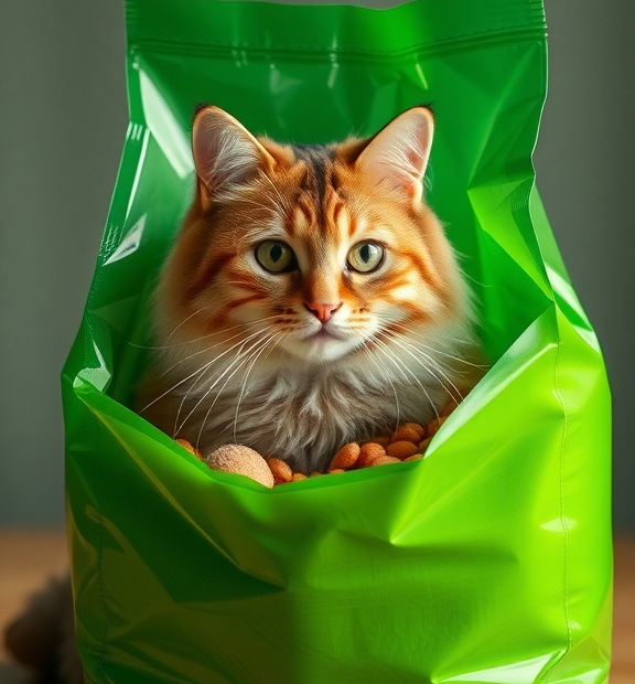 green bag of cat food